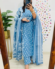 Women Blue Cotton Kurta Pant and Dupatta set
