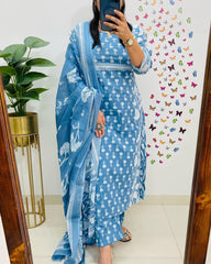 Women Blue Cotton Kurta Pant and Dupatta set