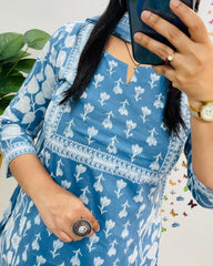 Women Blue Cotton Kurta Pant and Dupatta set
