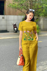 Women Yellow Cotton Embroidery Awesome Co-Ord set
