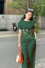 Women Green Cotton Embroidery Awesome Co-Ord set