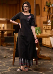 Women Black Cotton Hand Embroidery Kurta Pant set