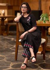 Women Black Cotton Hand Embroidery Kurta Pant set