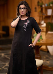 Women Black Cotton Hand Embroidery Kurta Pant set