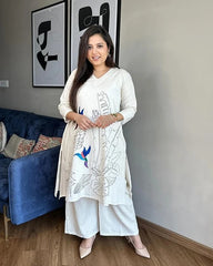 Women Off-White Cotton Aari work Blue Bird Embroidery Kurta Pant set