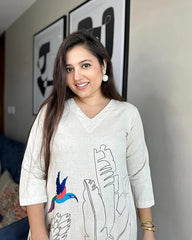 Women Off-White Cotton Aari work Blue Bird Embroidery Kurta Pant set