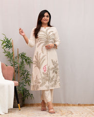 Women Off-White Cotton Embroidery Red Bird Kurta Pant set