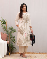 Women Off-White Cotton Embroidery Red Bird Kurta Pant set