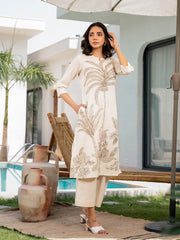 Women Off-White Cotton Embroidery Red Bird Kurta Pant set