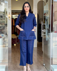Women Blue Cotton Moti work Co-Ord set