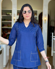 Women Blue Cotton Moti work Co-Ord set