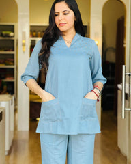 Women Sky Blue Cotton Moti work Co-Ord set