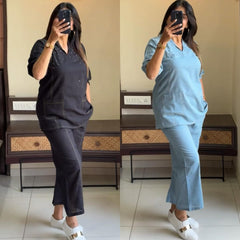 Women Blue Cotton Moti work Co-Ord set