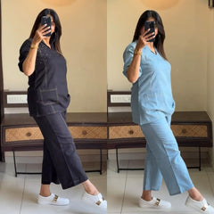 Women Sky Blue Cotton Moti work Co-Ord set