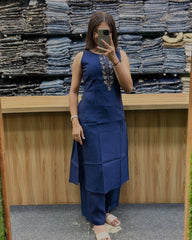 Women Blue Cotton Sleeveless Kurta Pant set