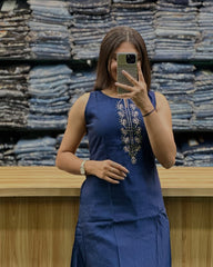 Women Blue Cotton Sleeveless Kurta Pant set