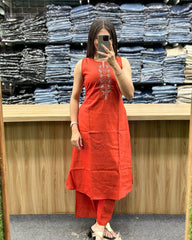 Women Rust Cotton Sleeveless Kurta Pant set