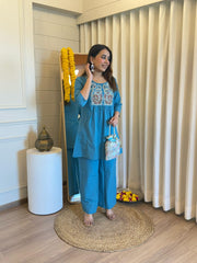 Women Blue Cotton Embroidery Co-Ord set