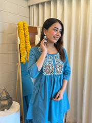 Women Blue Cotton Embroidery Co-Ord set
