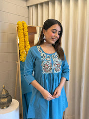 Women Blue Cotton Embroidery Co-Ord set