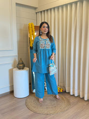 Women Blue Cotton Embroidery Co-Ord set