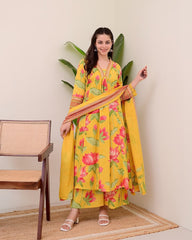 Women Yellow Cotton Sequence Kurta Pant and Cotton Dupatta set