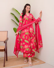 Women Pink Cotton Sequence Kurta Pant and Cotton Dupatta set