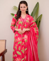 Women Pink Cotton Sequence Kurta Pant and Cotton Dupatta set