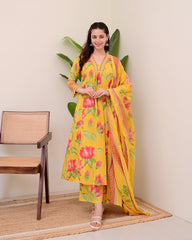 Women Yellow Cotton Sequence Kurta Pant and Cotton Dupatta set