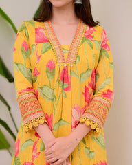 Women Yellow Cotton Sequence Kurta Pant and Cotton Dupatta set