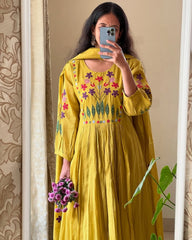 Women Yellow Anarkali Cotton Embroidery Kurta Pant and Mal Dupatta set