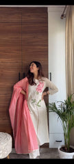Women White Cotton Pink Rose Embroidery Kurta Pant and Malmal Dupatta set