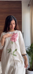 Women White Cotton Pink Rose Embroidery Kurta Pant and Malmal Dupatta set