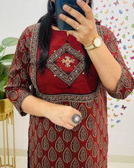 Women Red Premium Cotton Kurta Pant and Dupatta set