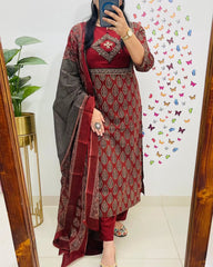 Women Red Premium Cotton Kurta Pant and Dupatta set