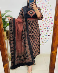 Women Black Premium Cotton Kurta Pant and Dupatta set