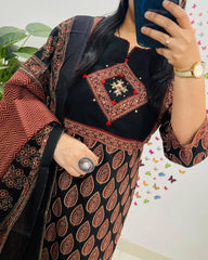 Women Black Premium Cotton Kurta Pant and Dupatta set