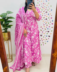 Women Pink Cotton Angrakha Style Kurta Pant and Dupatta set