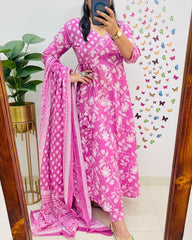 Women Pink Cotton Angrakha Style Kurta Pant and Dupatta set