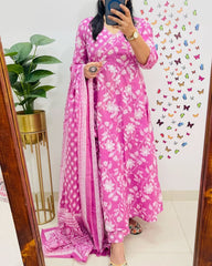 Women Pink Cotton Angrakha Style Kurta Pant and Dupatta set