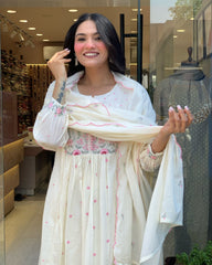 Women White Super Dyeing Cotton Embroidery Kurta Pant and Dupatta set