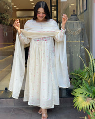 Women White Super Dyeing Cotton Embroidery Kurta Pant and Dupatta set