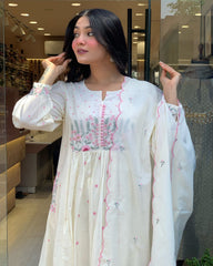 Women White Super Dyeing Cotton Embroidery Kurta Pant and Dupatta set