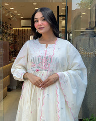 Women White Super Dyeing Cotton Embroidery Kurta Pant and Dupatta set