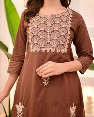 Women Brown Cotton Thread Embroidery Kurta Pant and Dupatta set