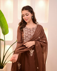 Women Brown Cotton Thread Embroidery Kurta Pant and Dupatta set