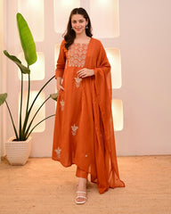 Women Rust Cotton Thread Embroidery Kurta Pant and Dupatta set