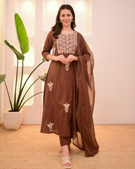 Women Brown Cotton Thread Embroidery Kurta Pant and Dupatta set