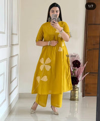 Women Yellow Cotton Beautiful Patch work Kurta Pant set
