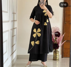 Women Black Cotton Beautiful Patch work Kurta Pant set